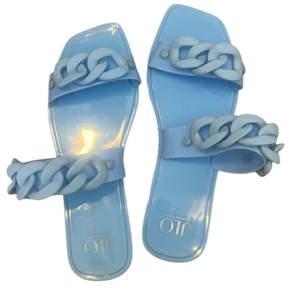 Light blue size 8 jelly rubber chain detail flat flip flops sandals GUC No box